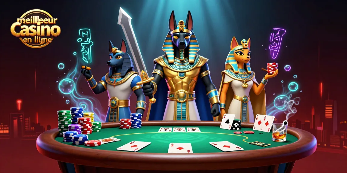 Illustration dynamique d'Anubis et Bastet jouant au meilleur casino en ligne, entourés de jetons et de cartes.