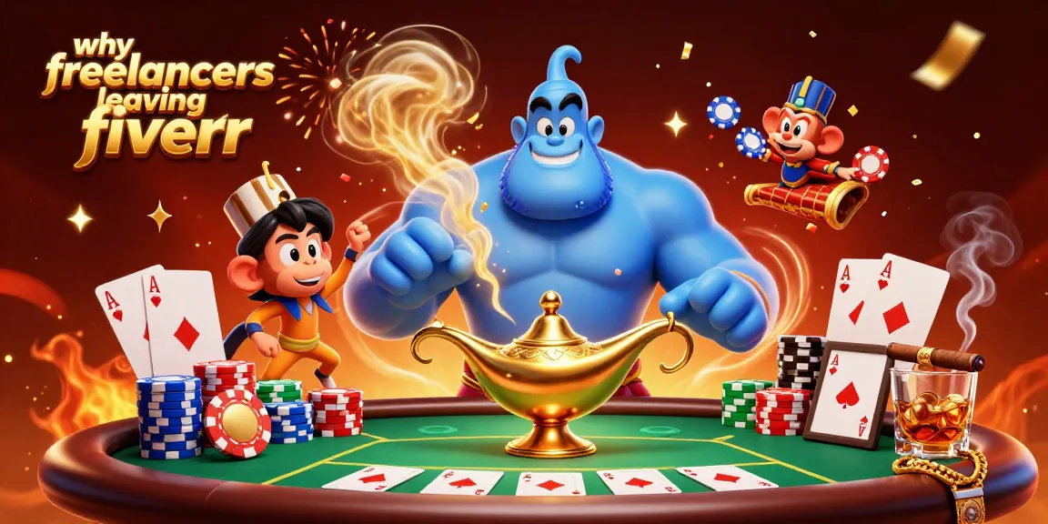 Engage with the vibrant scene showcasing why freelancers leaving fiverr through dynamic casino elements and characters.