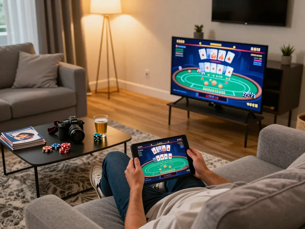 Engaging in online gambling at home using ta88 tablet, showcasing vibrant poker gameplay.