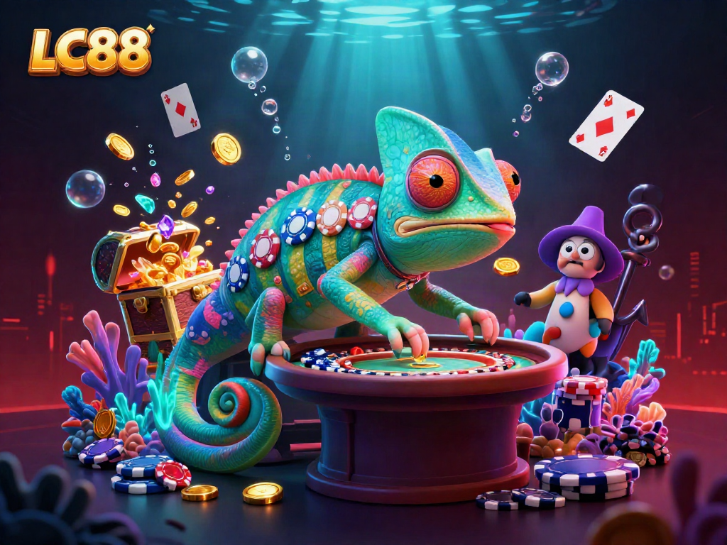 Engage with casino excitement at LC88, featuring a chameleon owner capturing coins amid vibrant underwater treasures.
