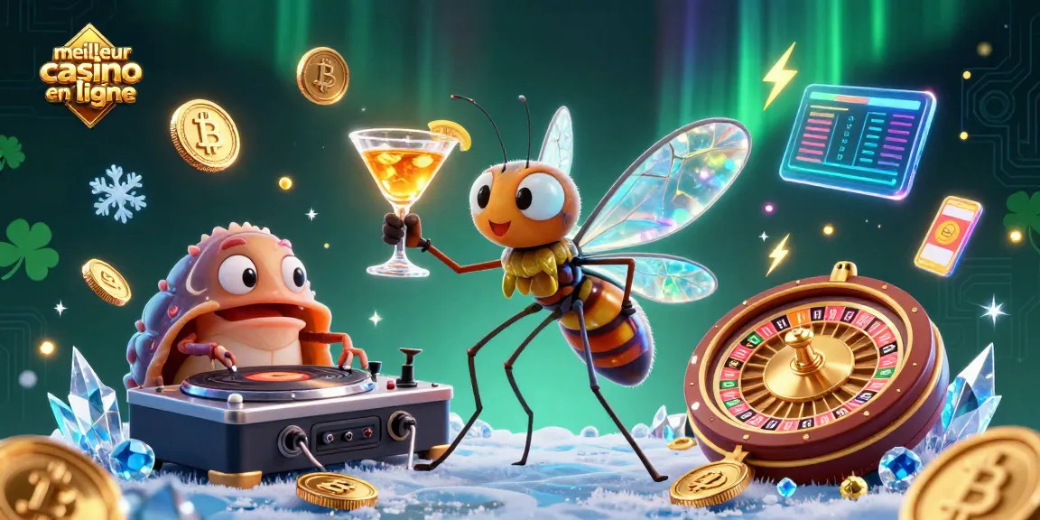 Jouer au meilleur casino en ligne avec un moustique mascotte et un DJ trilobite dans un cadre vibrant.