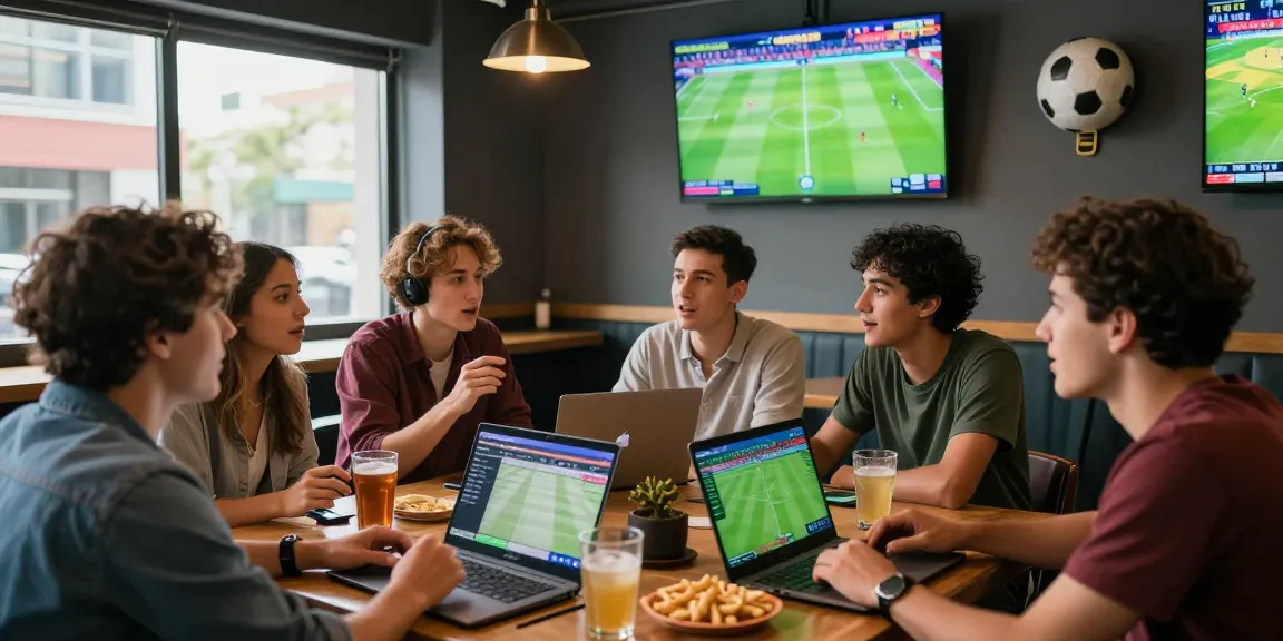 Group enjoying football bets with keobongdahomnay insights in lively bar setting.