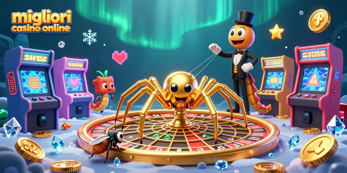 Migliori casino online: una scena vivace con una tela di ragno d'oro, un croupier millepiedi e un'atmosfera di gioco entusiasmante.