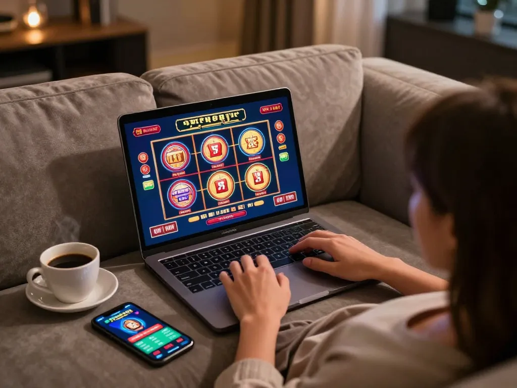 Playing exciting slot depo 4k game on a laptop at home, surrounded by a cozy atmosphere.
