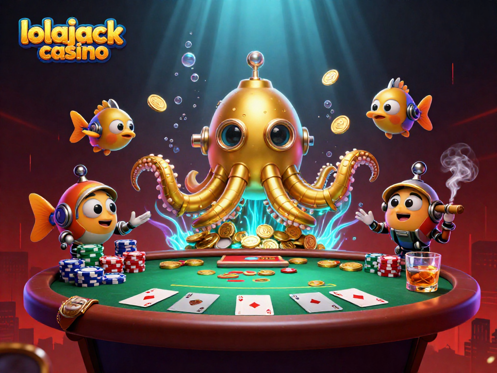Engage with lolajack casino as a golden kraken submarine surfaces through coins, featuring dynamic poker elements.
