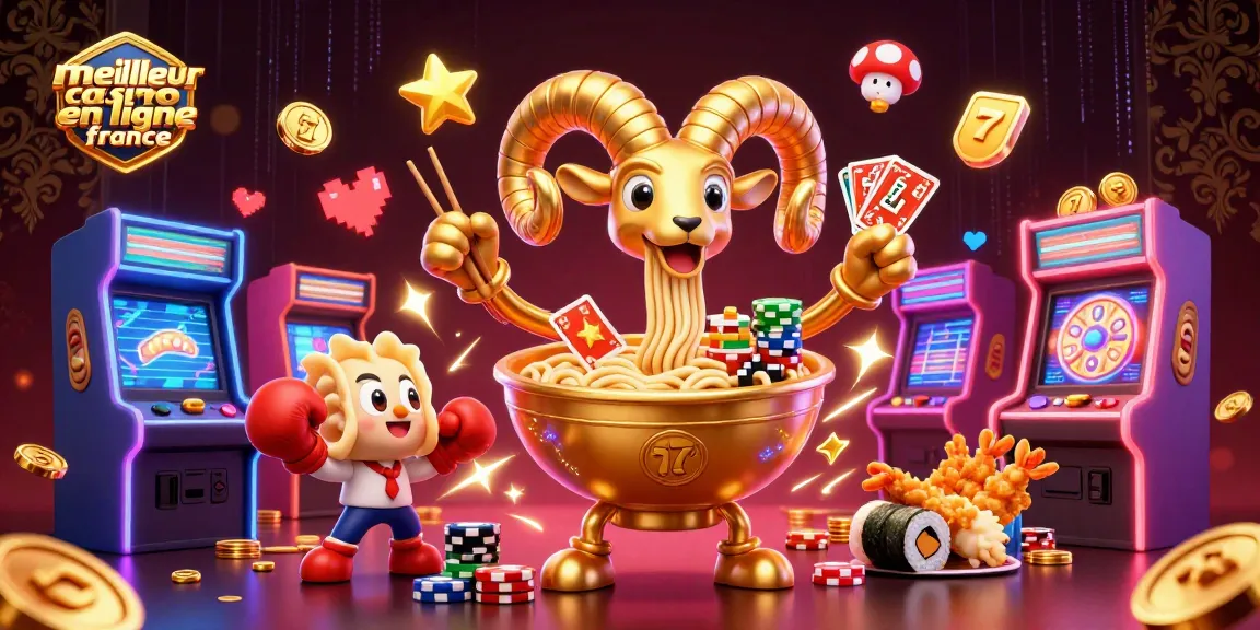 Illustration dynamique du meilleur casino en ligne France avec des personnages de ramen et de sushi interactifs.