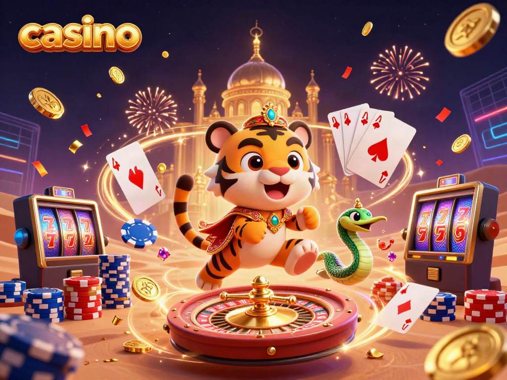 Experience thrilling casino wins with our cartoon tiger sultan on a poker chip carpet amidst golden coins and treasures.