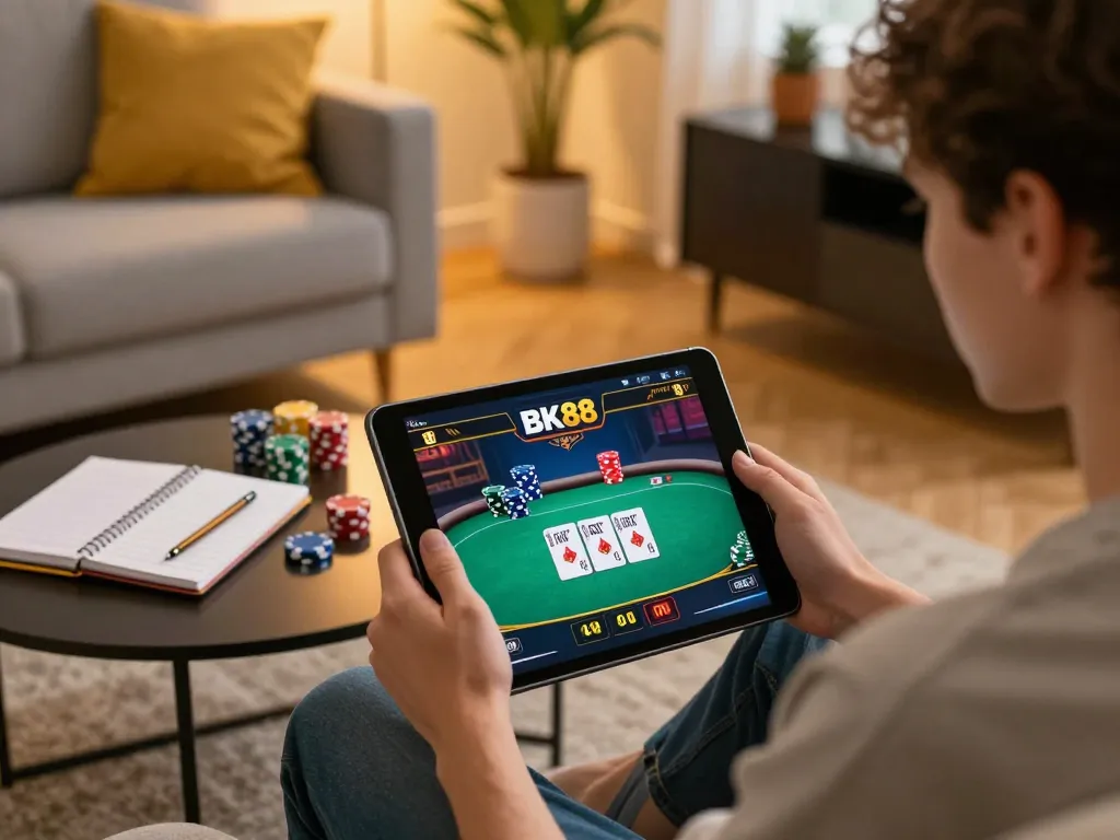 Engaging gameplay moment on BK88 app showing poker hands and chips in a cozy home setting