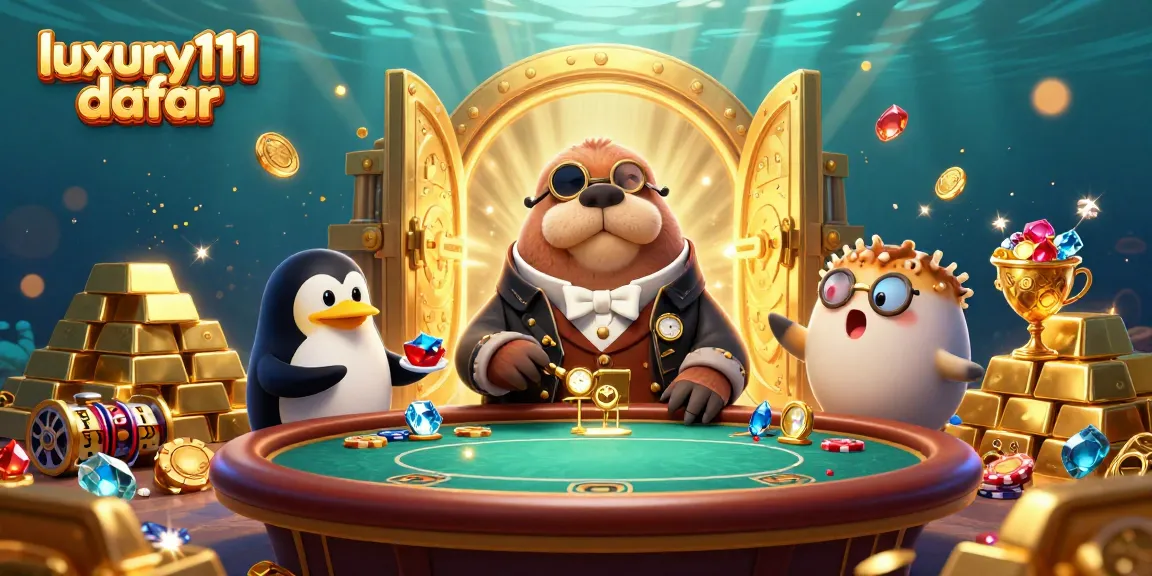 Engage with luxury111 daftar in a vibrant underwater poker scene featuring animated characters and rich golden treasures.