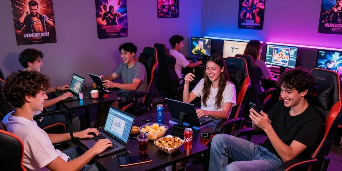 Engaging scene of young adults playing porngame in a vibrant gaming lounge.