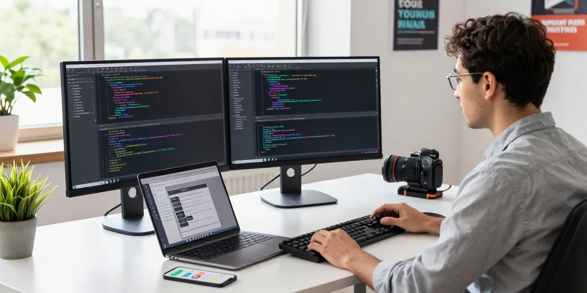Developer coding in a modern workspace, highlighting 纸飞机中文版官网 features within a vibrant tech environment.
