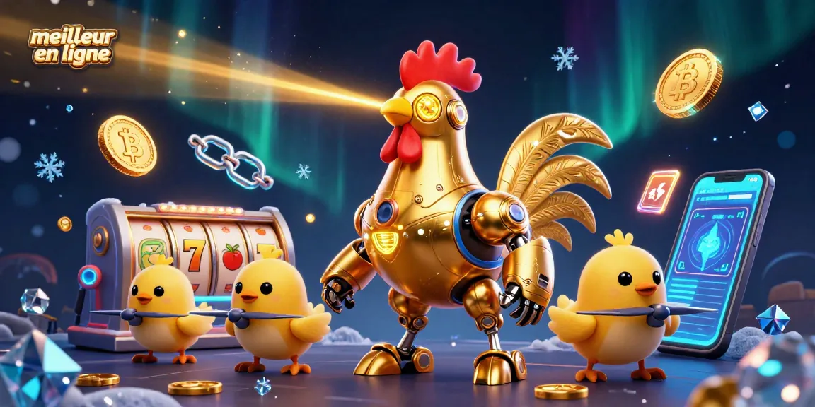 Jouez au meilleur casino en ligne avec une illustration vibrante d'un robot coq futuriste et des pièces de crypto-monnaie.