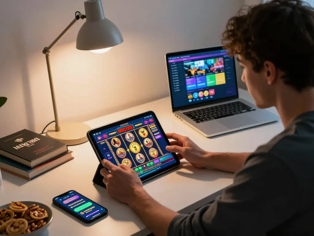 Player engaging with mdg188 slot game on a tablet in a cozy home setup, focusing on strategic gameplay.