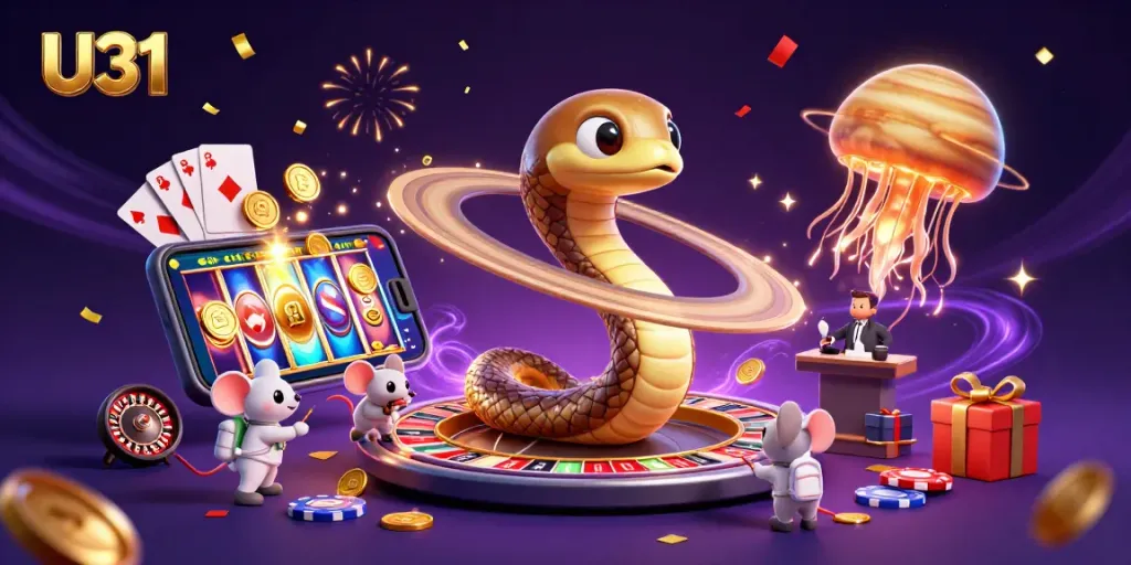 Experience thrilling bets at U31 with a vibrant cosmic casino scene featuring unique characters.