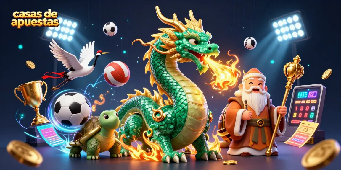 Ilustra acción en casas de apuestas con un dragón y elementos deportivos dinámicos