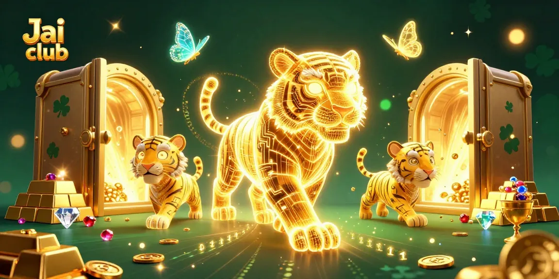 Experience the thrills of Jai club with a neon-wireframe golden tiger amidst dazzling casino treasures and energy.