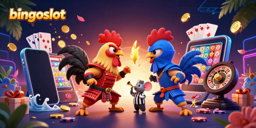 Rasakan keseruan bingoslot dengan ilustrasi dua ayam bertarung dan elemen kasino yang dinamis.