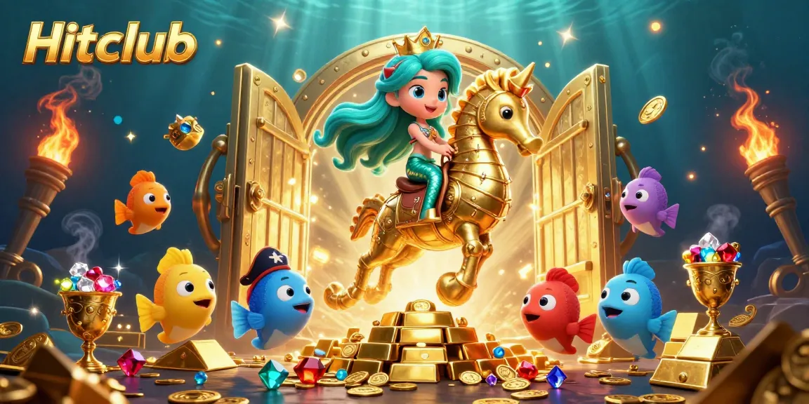 Hitclub features a mermaid princess and a golden seahorse amidst treasures, highlighting vibrant casino gameplay.