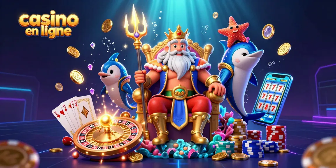 Jouez à des jeux de casino en ligne avec Neptune et amis dans une scène dynamique et colorée.