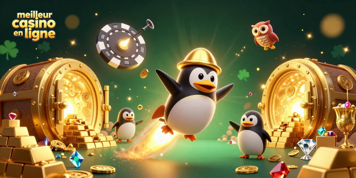 Admirez le meilleur casino en ligne avec une illustration de pingouin doré en dynamique, coins d'or et trésors.