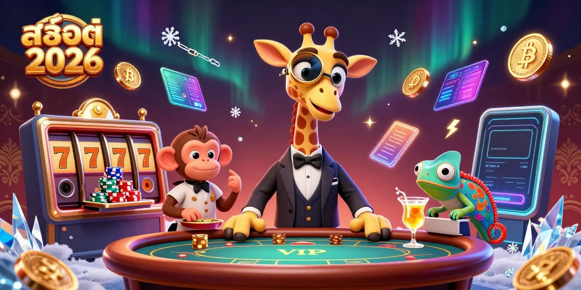 Experience luxury gaming with สล็อต 2026, featuring a giraffe at a VIP poker table and vibrant casino elements.