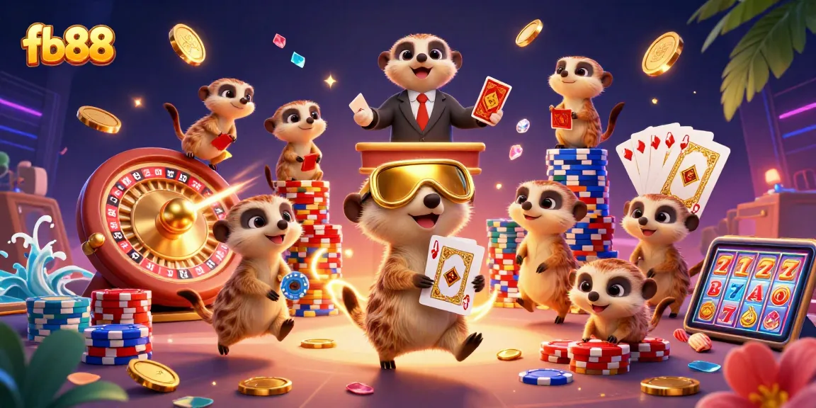 Experience fun at fb88’s vibrant casino with animated meerkats managing games and treasures.