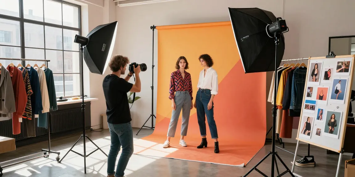 Services photographiques e-commerce avec photographe en studio capturant des vêtements de mode dans un environnement urbain moderne.