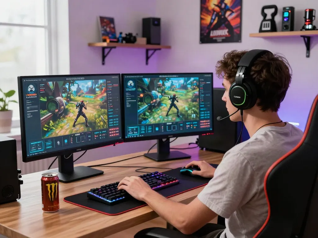 Dynamic gaming setup featuring Luxury333 platform enjoyed by a young adult with vibrant accessories.