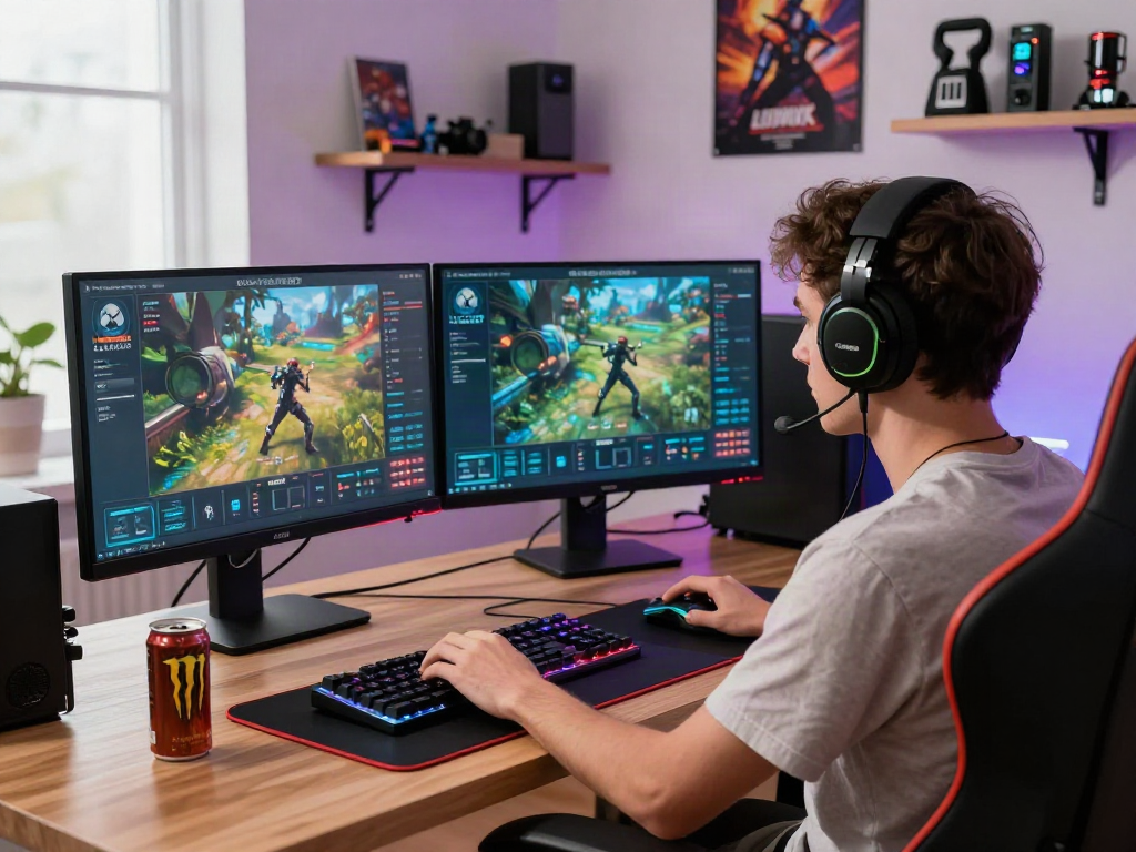 Dynamic gaming setup featuring Luxury333 platform enjoyed by a young adult with vibrant accessories.