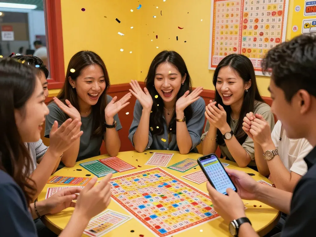 Excited friends celebrating Hongkong Lotto results with tickets and confetti