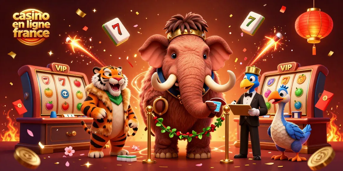 Illustration dynamique d'un mammouth bouncer et VIP au casino en ligne France, entourés de jeux et célébrations.