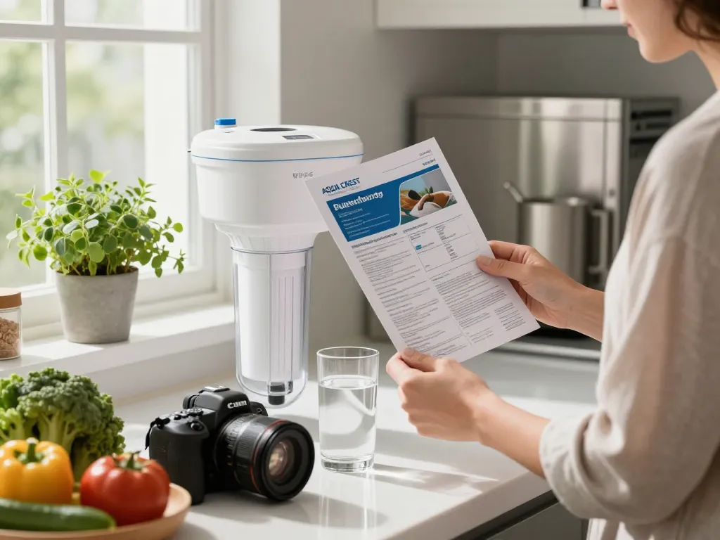 AQUA CREST WF1CB Replacement for Frigidaire® PureSource WFCB® water filter being readied in a serene home kitchen with fresh produce.