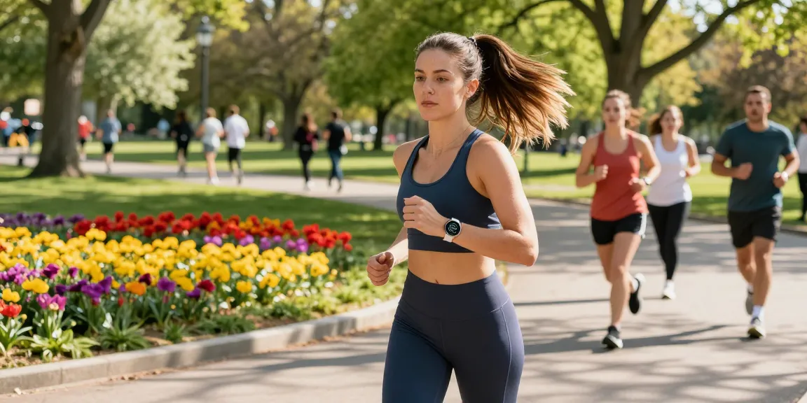 Fitbit Luxe di tangan atletik wanita berlari di taman, memantau kesehatan melalui https://www.polarfitbitshop.com/fitbit-luxe/.