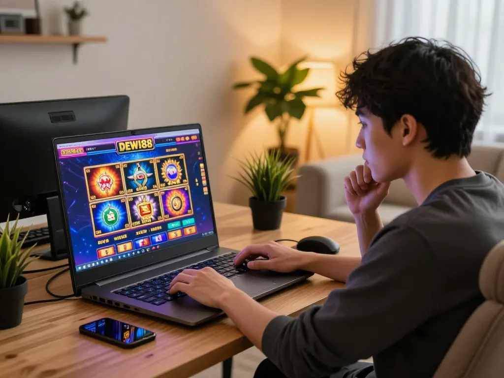 Pemain yang terlibat menggunakan platform DEWI88 untuk pengalaman permainan slot yang imersif di meja kerja rumah.