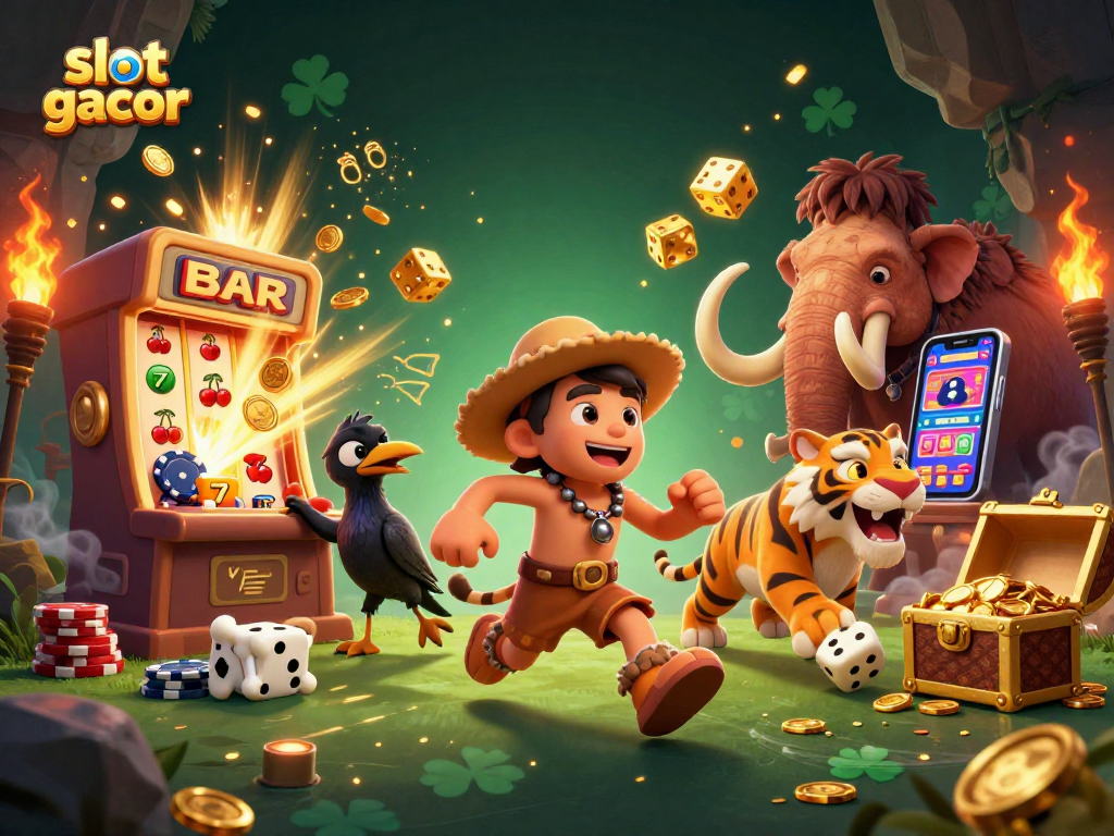 Experience the thrill of slot gacor with a prehistoric casino featuring vibrant characters and exciting game elements.