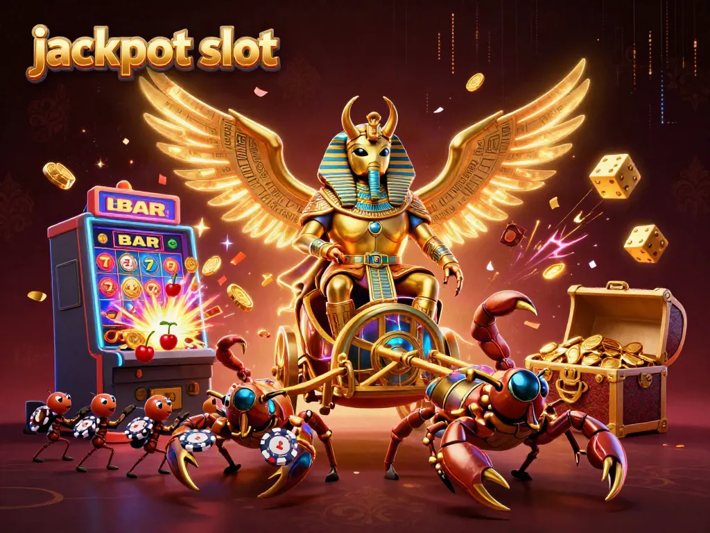 Experience the thrill of jackpot slots with a dynamic 3D illustration featuring a colossal golden scarab and vibrant casino elements.