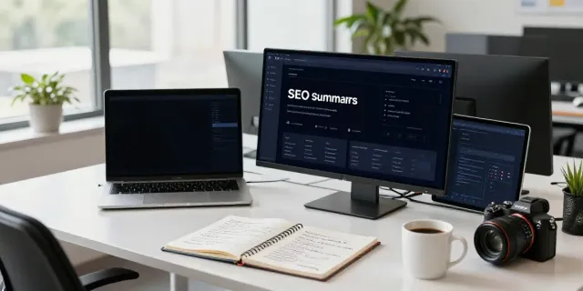 Professional reviewing AI tools for SEO article summaries in a modern office.
