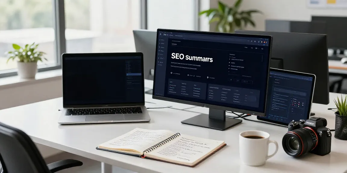 Professional reviewing AI tools for SEO article summaries in a modern office.