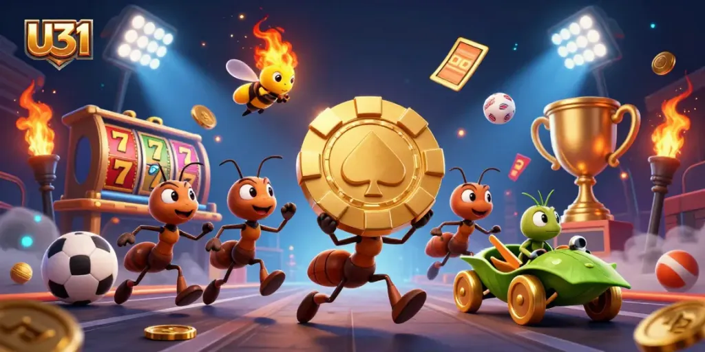 Experience U31’s dynamic gameplay with thrilling visuals of casino heist featuring ants and vibrant elements.