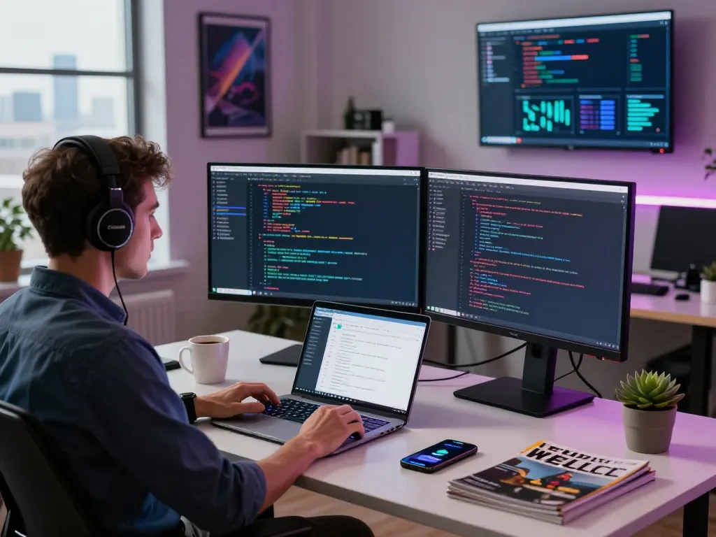 Moltbot AI development workspace featuring multiple screens, engaging coding atmosphere, and tech-focused elements.