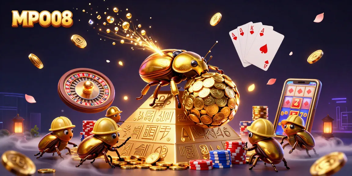 MPO08 brings excitement to the gaming experience with golden coins cascading in a vibrant casino scene.