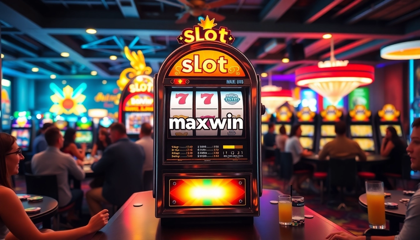 Menangkan slot maxwin dengan mesin permainan yang meriah di latar kasino.