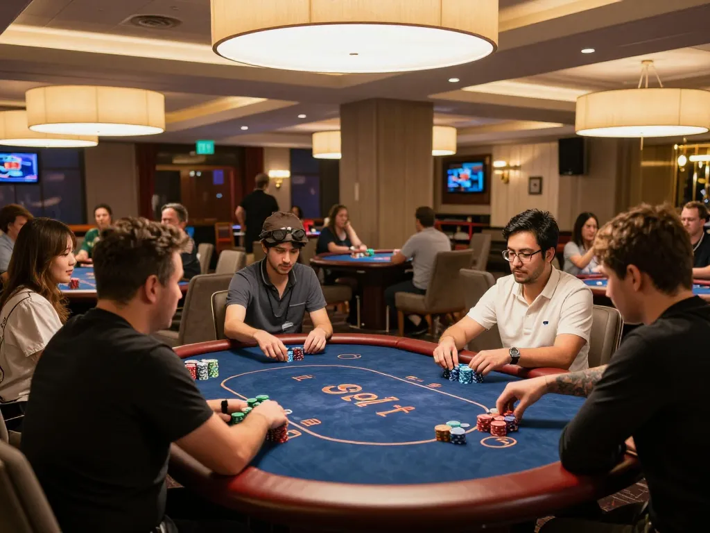 Go99 players strategizing at an exciting poker table, vibrant casino atmosphere.