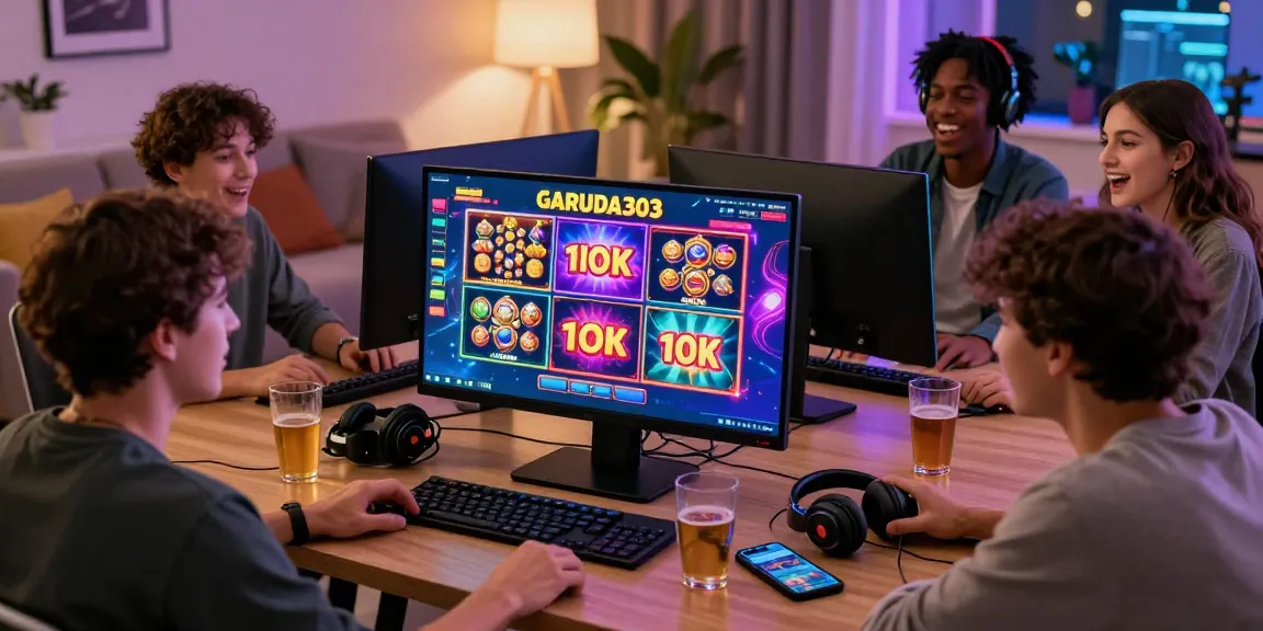 Exciting slot depo 1k gaming scene with friends enjoying Garuda303 online slots