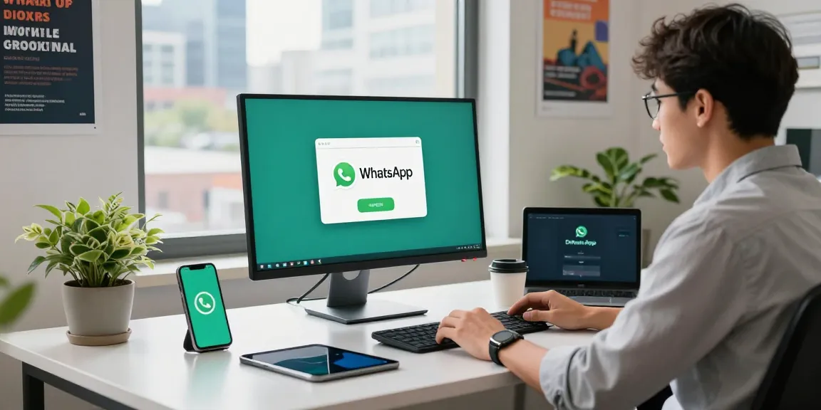 Downloading WhatsApp下載 on a modern desktop setup in a professional tech workspace.
