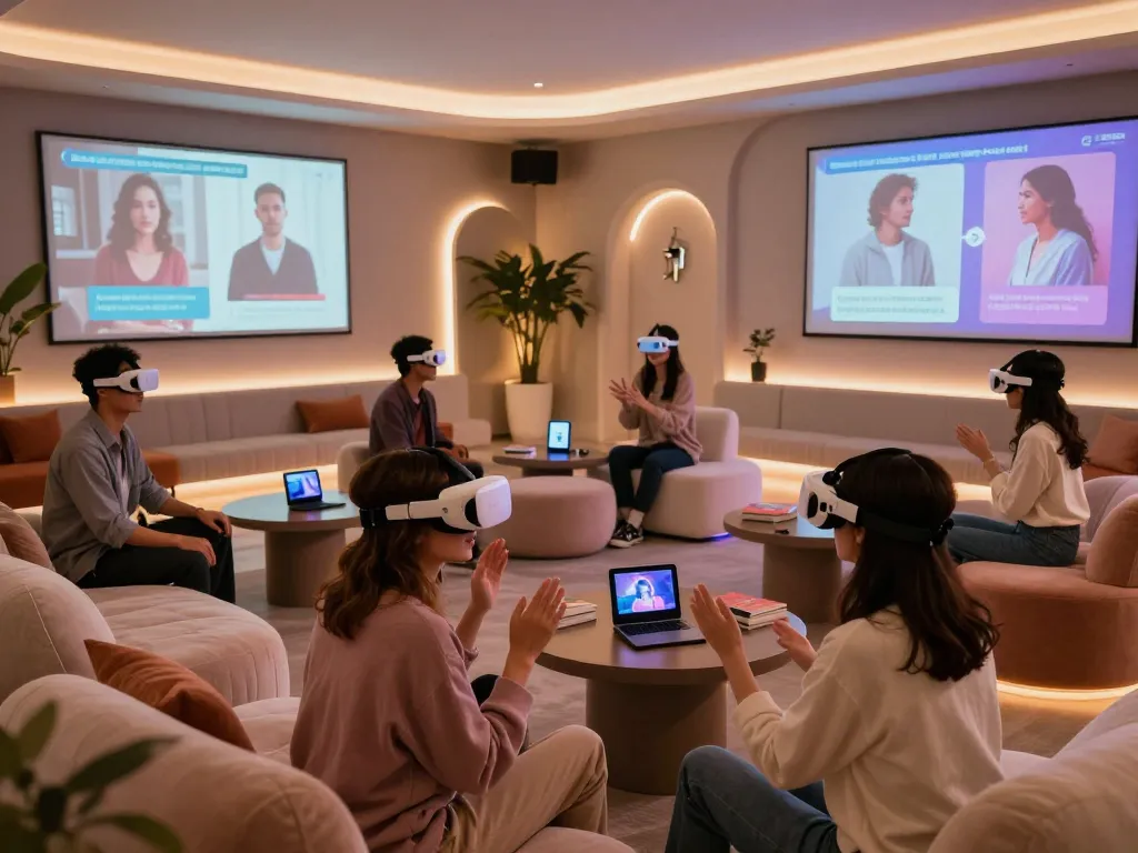 Exploring ai sex through immersive AI companionship in a stylish lounge setting.