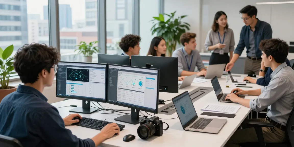 Small business IT support team collaborating in modern workspace, showcasing proactive technology solutions.