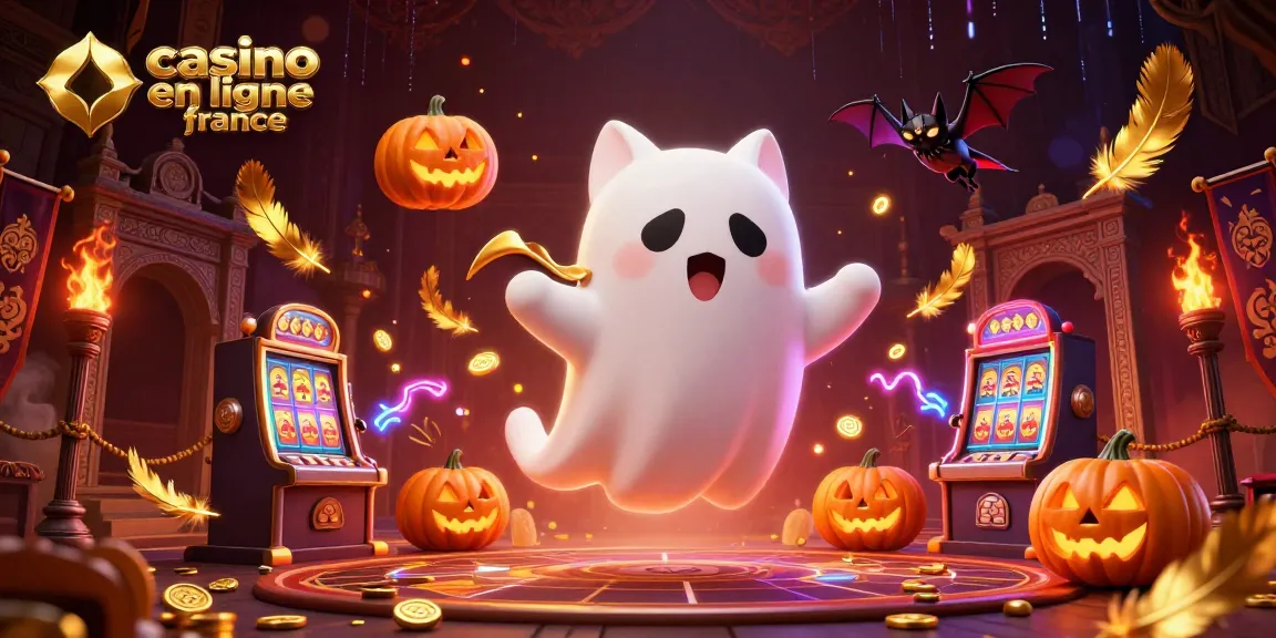 Jouez à des jeux au casino en ligne France avec le chat fantôme et la chauve-souris dans une scène animée.