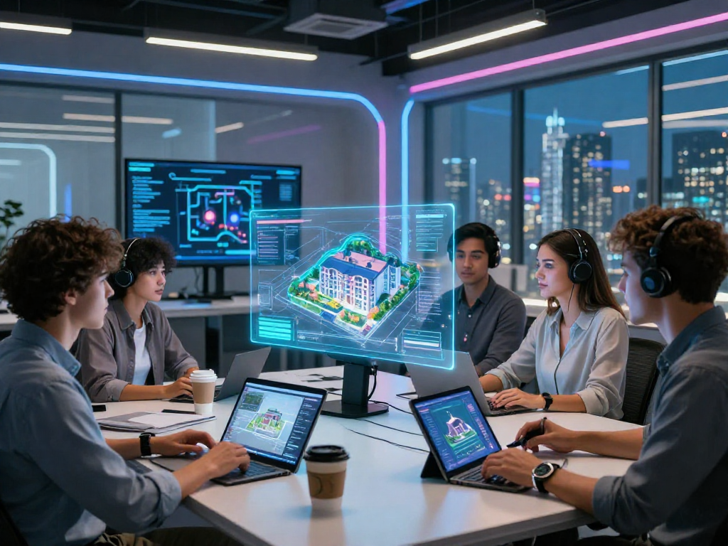 Dynamic virtual meeting showcasing innovative rokok 88 real estate concepts in a futuristic office environment.