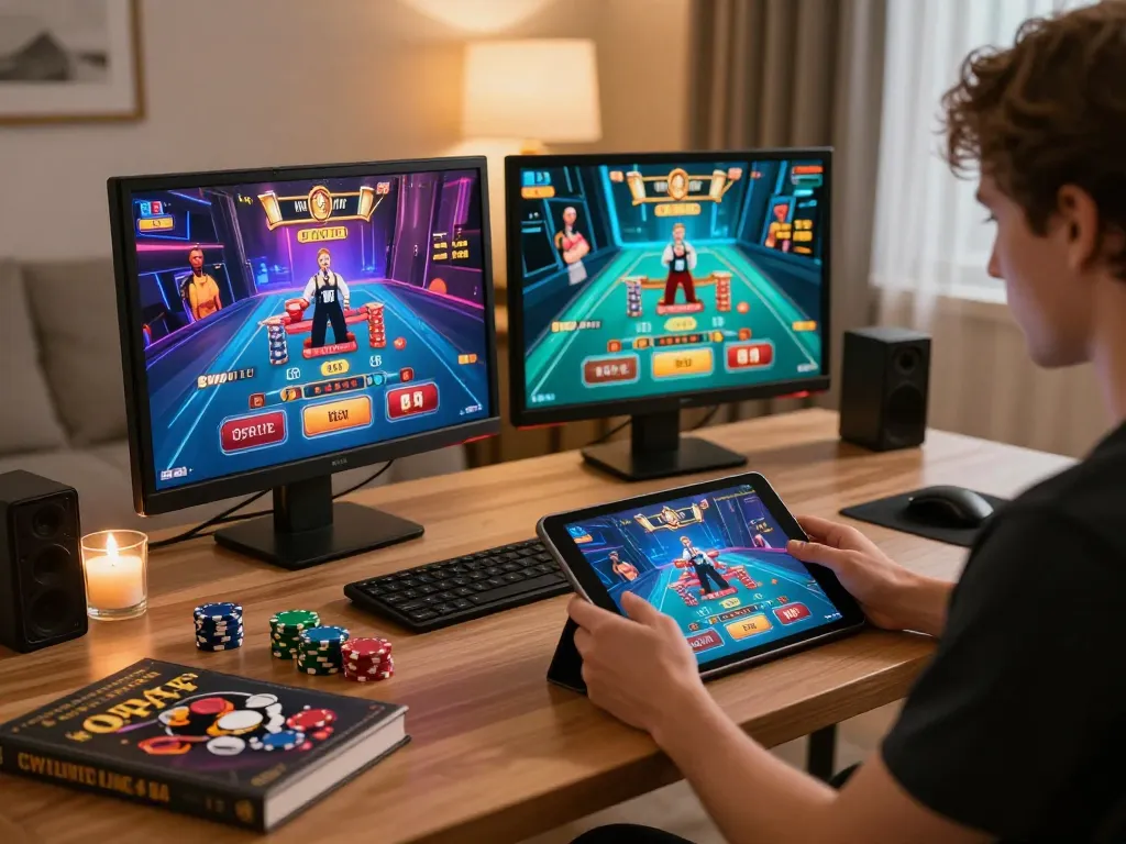 Engaging with online casino games on 888now tablet in a cozy home office